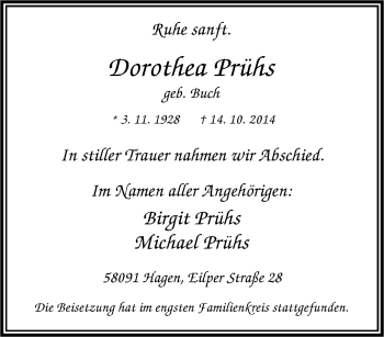 Traueranzeige von Dorothea Prühs von Tageszeitung