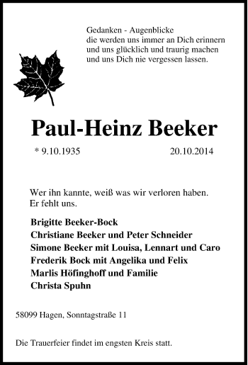 Traueranzeige von Paul-Heinz Beeker von Tageszeitung