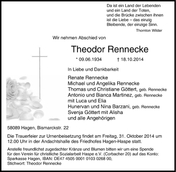 Traueranzeige von Theodor Rennecke von Tageszeitung