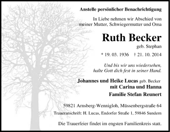 Traueranzeige von Ruth Becker von Tageszeitung