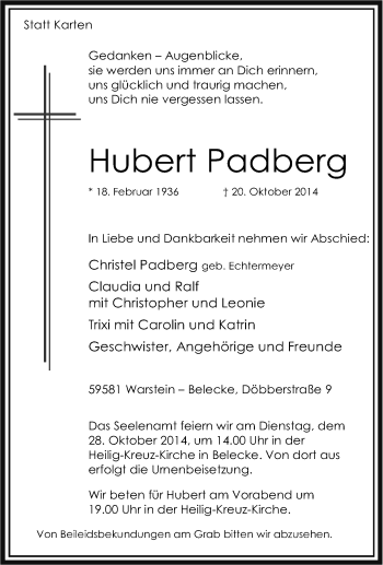 Traueranzeige von Hubert Padberg von Tageszeitung