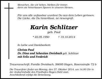 Traueranzeige von Karin Schlitzer von Tageszeitung