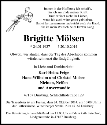 Traueranzeige von Brigitte Mölsen von Tageszeitung