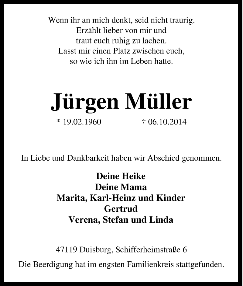  Traueranzeige für Jürgen Müller vom 23.10.2014 aus Tageszeitung