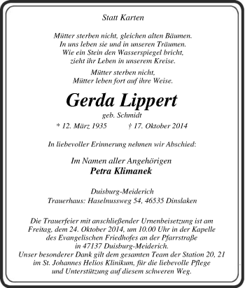 Traueranzeige von Gerda Lippert von Tageszeitung