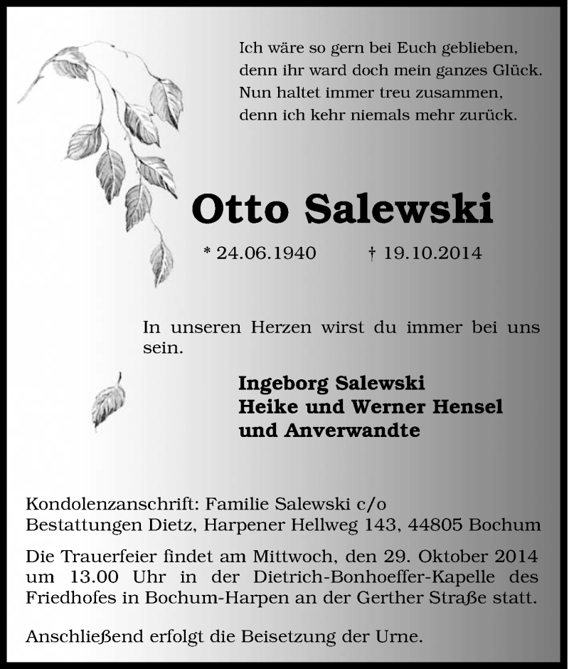  Traueranzeige für Otto Salewski vom 25.10.2014 aus Tageszeitung