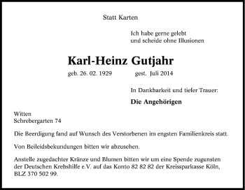 Traueranzeige von Karl Heinz Gutjahr von Tageszeitung