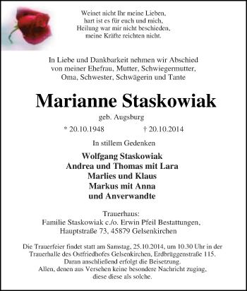 Traueranzeige von Marianne Staskowiak von Tageszeitung