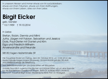 Traueranzeige von Birgit Eicker von Tageszeitung