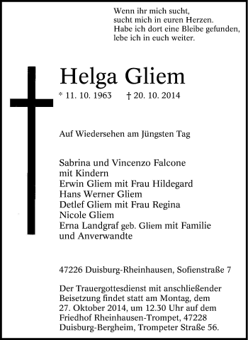 Traueranzeige von Helga Gliem von Tageszeitung