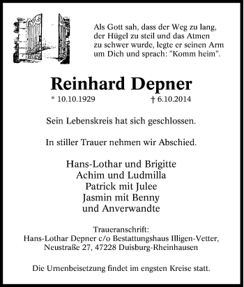 Traueranzeige von Reinhard Depner von Tageszeitung