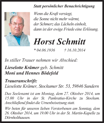 Traueranzeige von Horst Schmitt von Tageszeitung