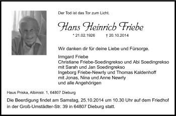 Traueranzeige von Hans Heinrich Friebe von Tageszeitung