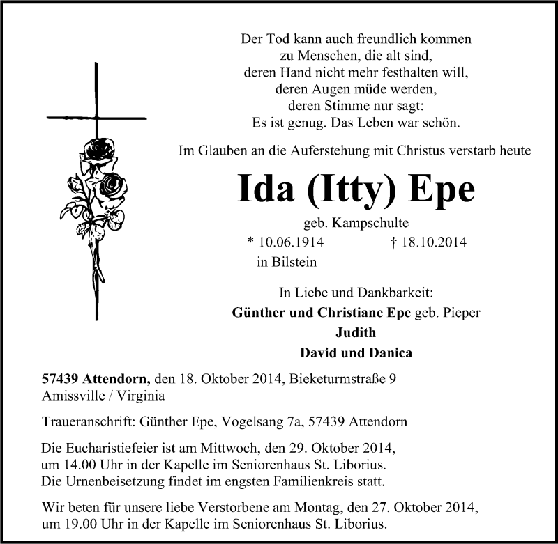  Traueranzeige für Ida Epe vom 23.10.2014 aus Tageszeitung