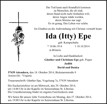 Traueranzeige von Ida Epe von Tageszeitung