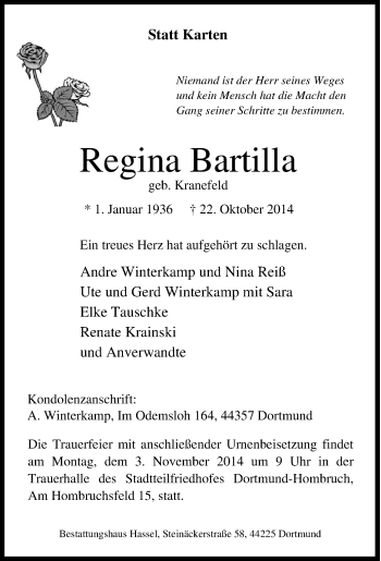 Traueranzeige von Regina Bartilla von Tageszeitung