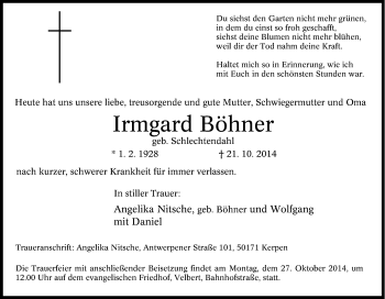 Traueranzeige von Irmgard Böhner von Tageszeitung