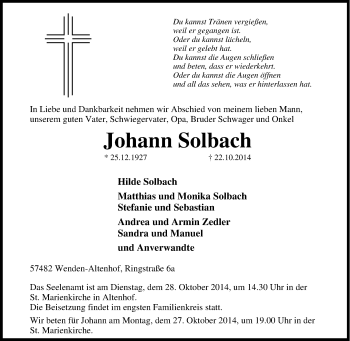 Traueranzeige von Johann Solbach von Tageszeitung