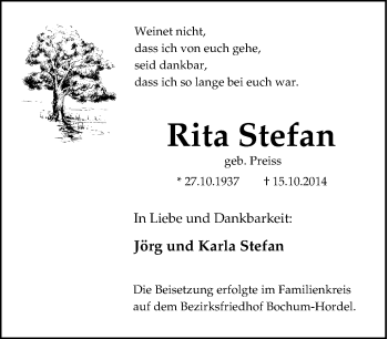 Traueranzeige von Rita Stefan von Tageszeitung