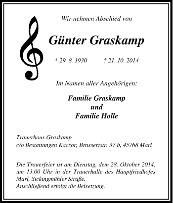 Traueranzeige von Günter Graskamp von Tageszeitung