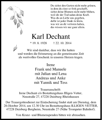 Traueranzeige von Karl Dechant von Tageszeitung