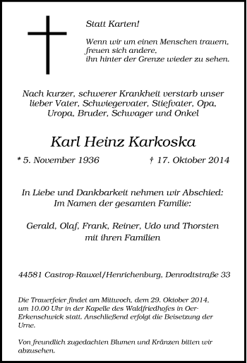 Traueranzeige von Karl Heinz  Karkoska von Tageszeitung