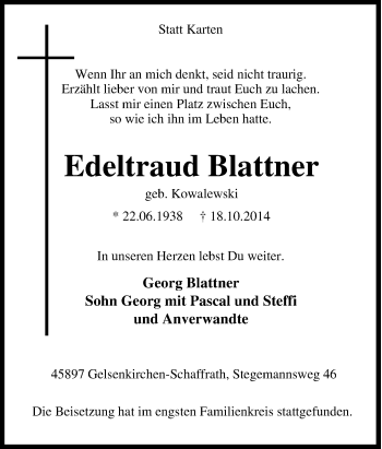 Traueranzeige von Edeltraud Blattner von Tageszeitung