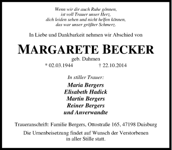 Traueranzeige von Margarete Becker von Tageszeitung