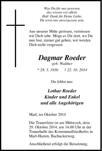 Traueranzeige von Dagmar Roeder von Tageszeitung