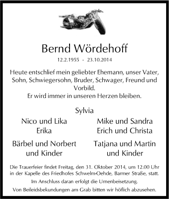 Traueranzeige von Bernd Wördehoff von Tageszeitung