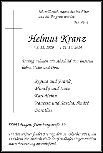 Traueranzeige von Helmut Kranz von Tageszeitung