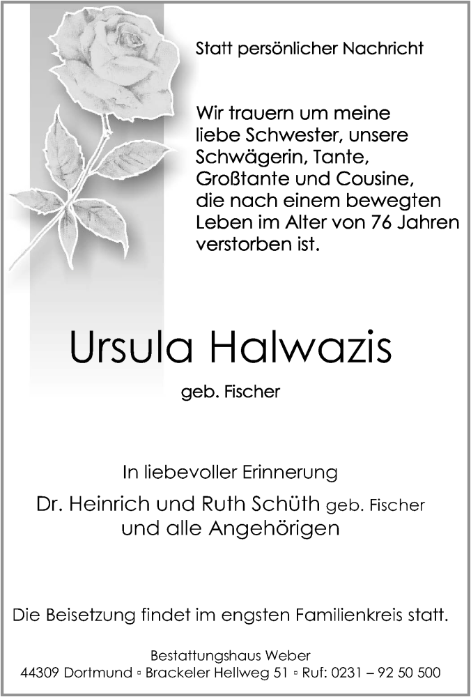  Traueranzeige für Ursula Halwazis vom 25.10.2014 aus Tageszeitung