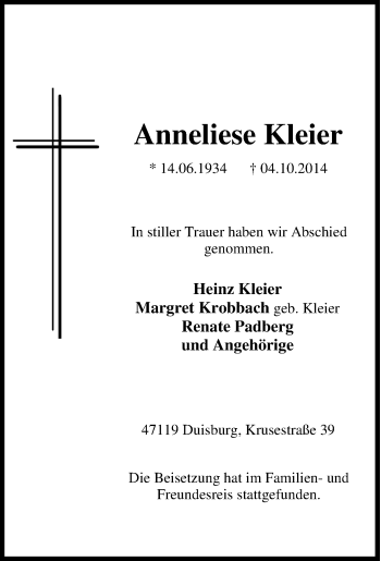 Traueranzeige von Anneliese    Kleier von Tageszeitung