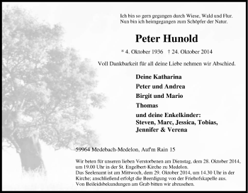 Traueranzeige von Peter Hunold von Tageszeitung