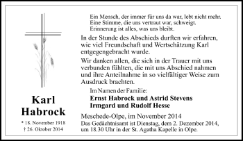 Traueranzeige von Karl Habrock von Tageszeitung