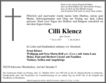 Traueranzeige von Cilli Klencz von Tageszeitung