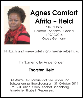 Traueranzeige von Agnes Comfort Afrifa–Held von Tageszeitung