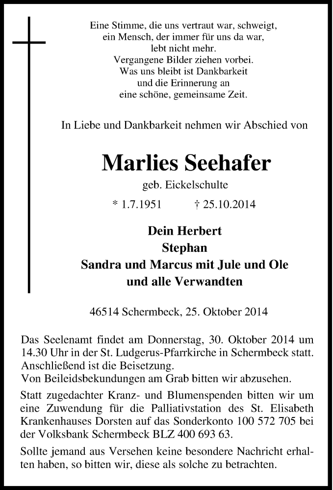  Traueranzeige für Marlies Seehafer vom 27.10.2014 aus Tageszeitung