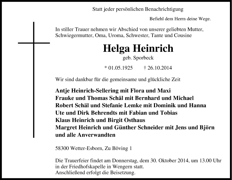  Traueranzeige für Helga Heinrich vom 28.10.2014 aus Tageszeitung