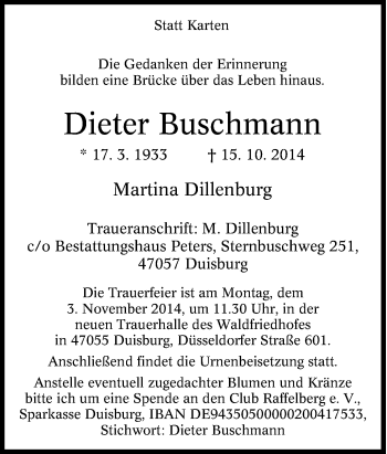 Traueranzeige von Dieter Buschmann von Tageszeitung