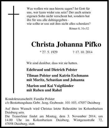 Traueranzeige von Christa Johanna Pifko von Tageszeitung