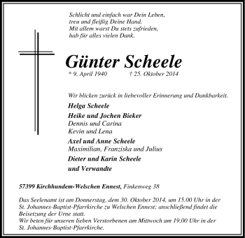 Traueranzeige von Günter Scheele von Tageszeitung