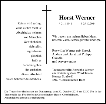 Traueranzeige von Horst Werner von Tageszeitung