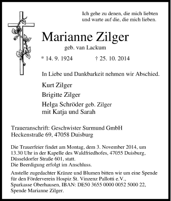 Traueranzeige von Marianne Zilger von Tageszeitung