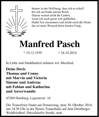 Traueranzeige von Manfred Pasch von Tageszeitung