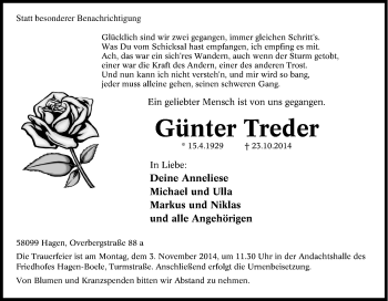 Traueranzeige von Günter Treder von Tageszeitung