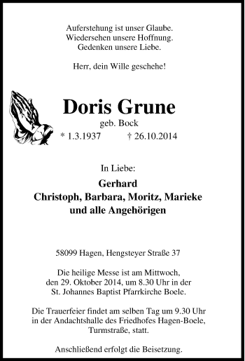 Traueranzeige von Doris Grune von Tageszeitung