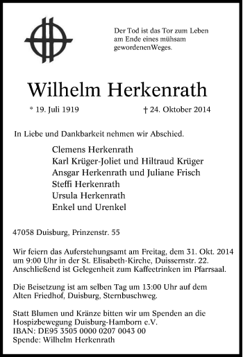 Traueranzeige von Wilhelm Herkenrath von Tageszeitung