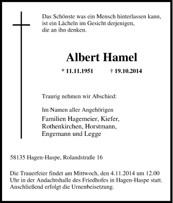 Traueranzeige von Albert Hamel von Tageszeitung