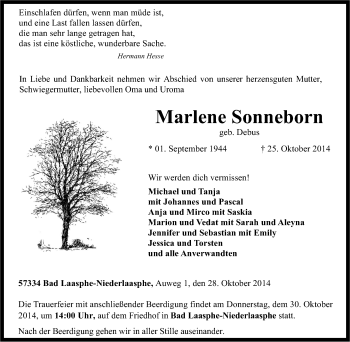 Traueranzeige von Marlene Sonneborn von Tageszeitung